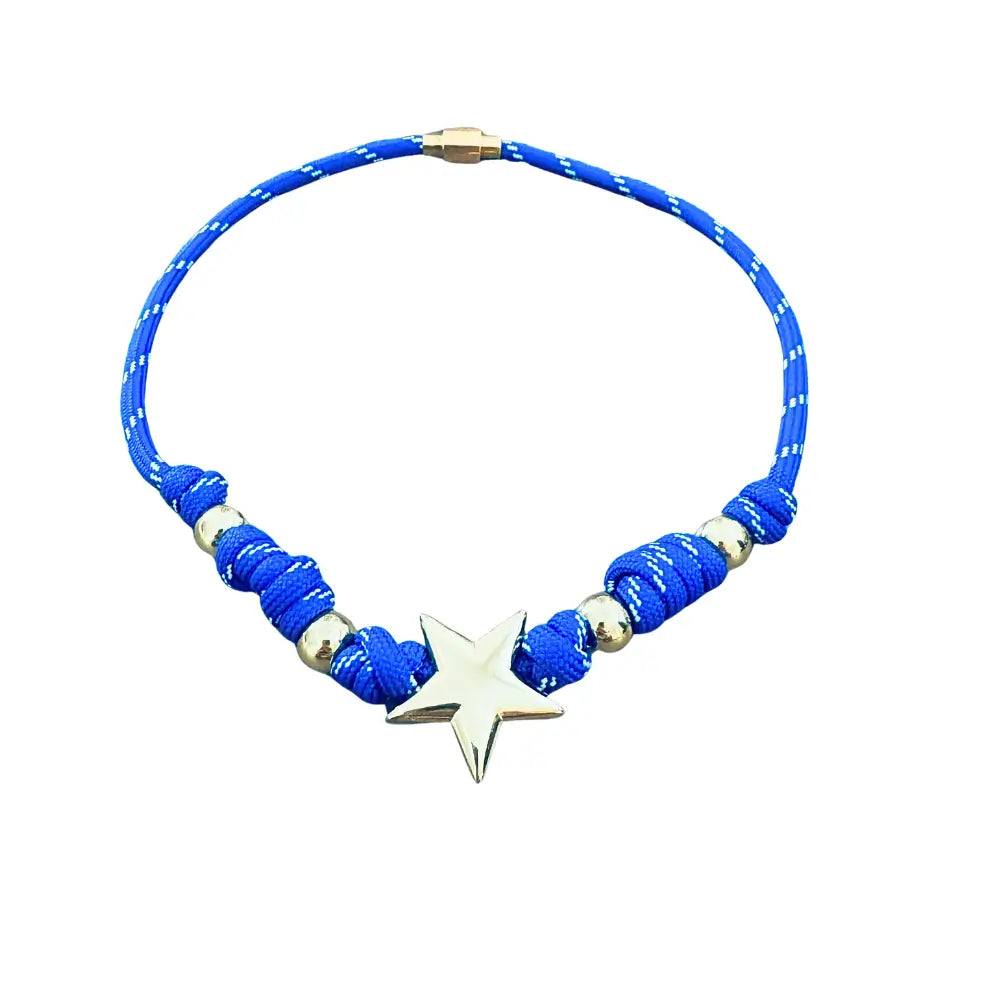 Royal blue paracord necklace with magnetic star charm in 18K gold plating, handmade water-resistant jewelry by Julie Saldivia